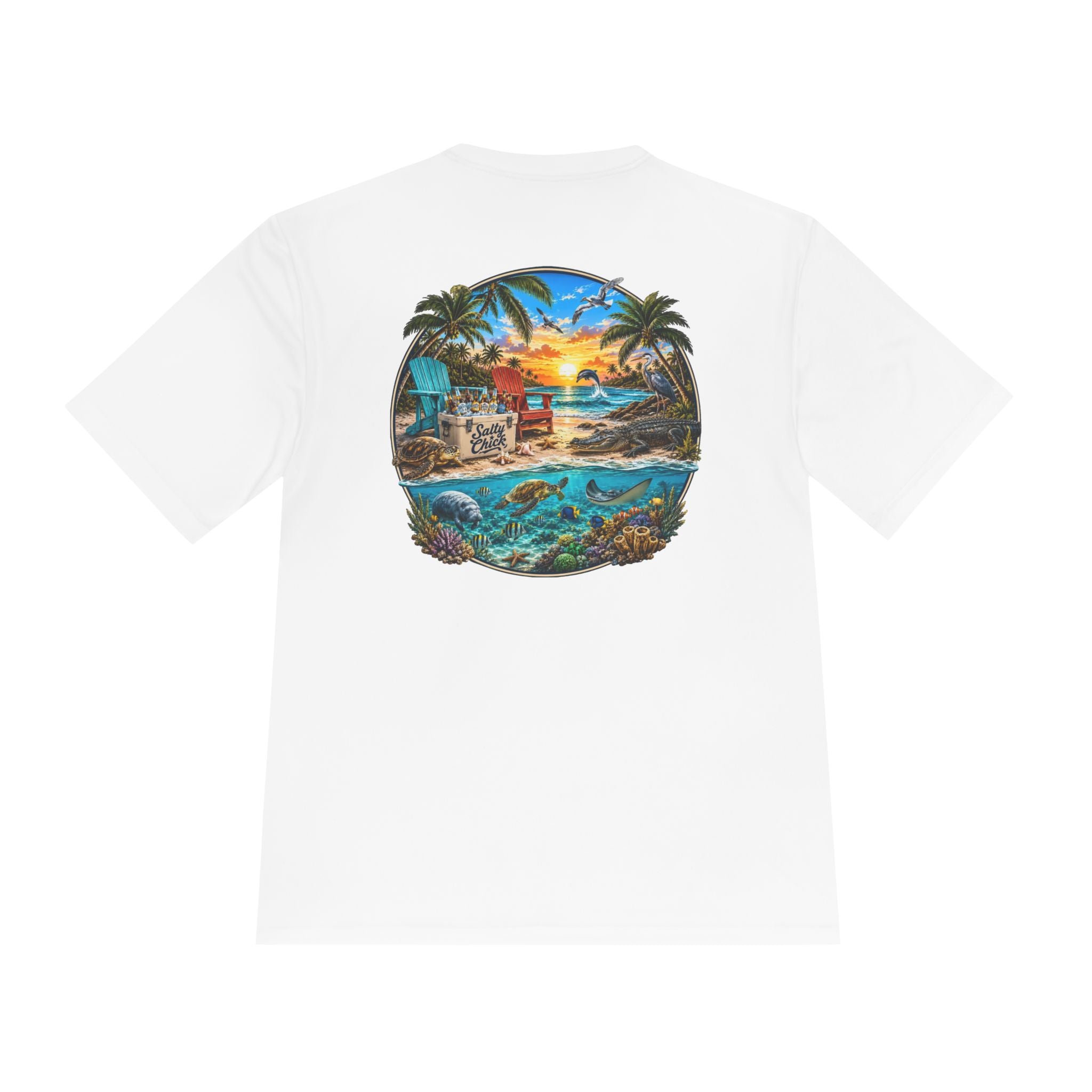 Unisex Moisture Wicking Tee- Beach scene with sea life