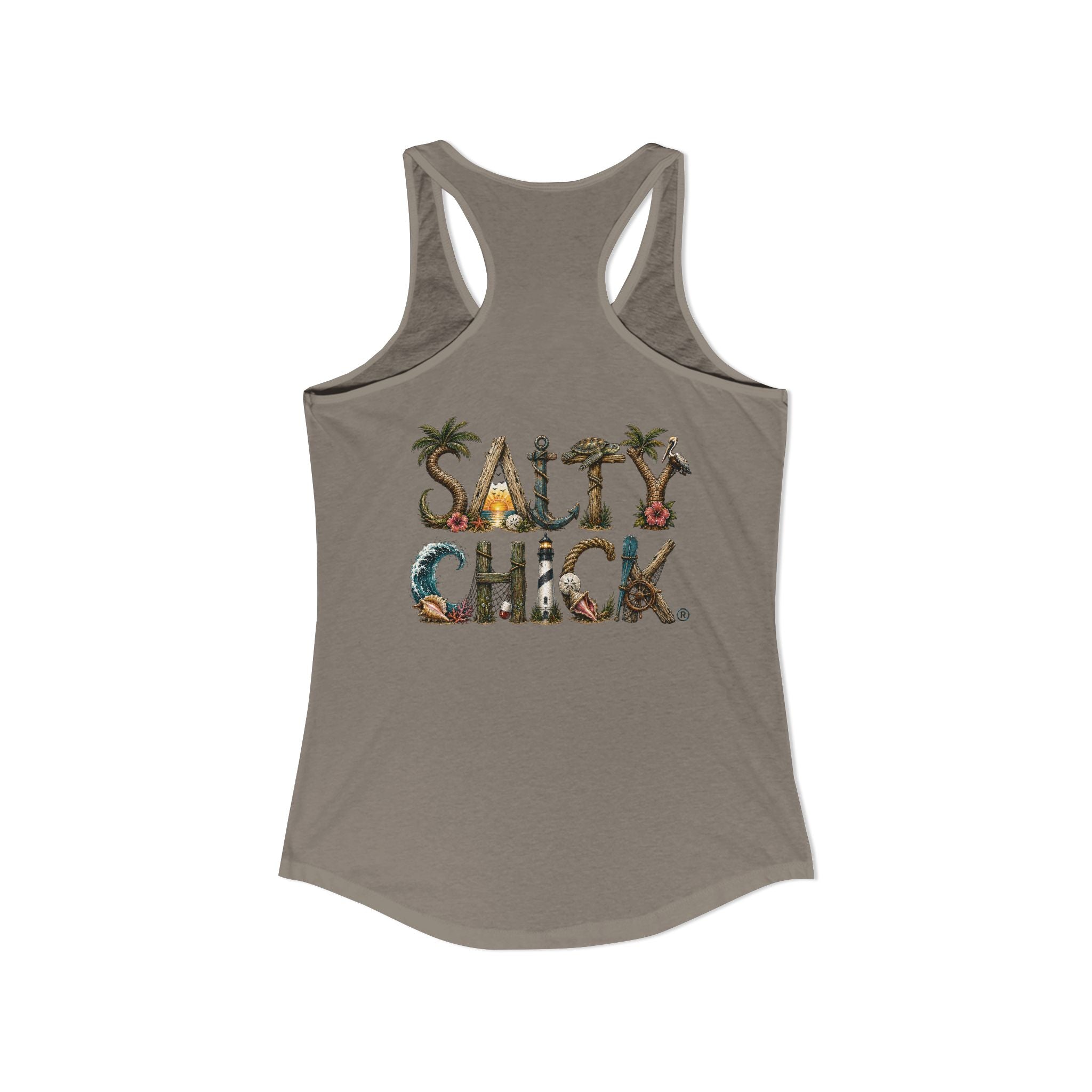 Performance Racerback Tank-Land Salty Chick lettering