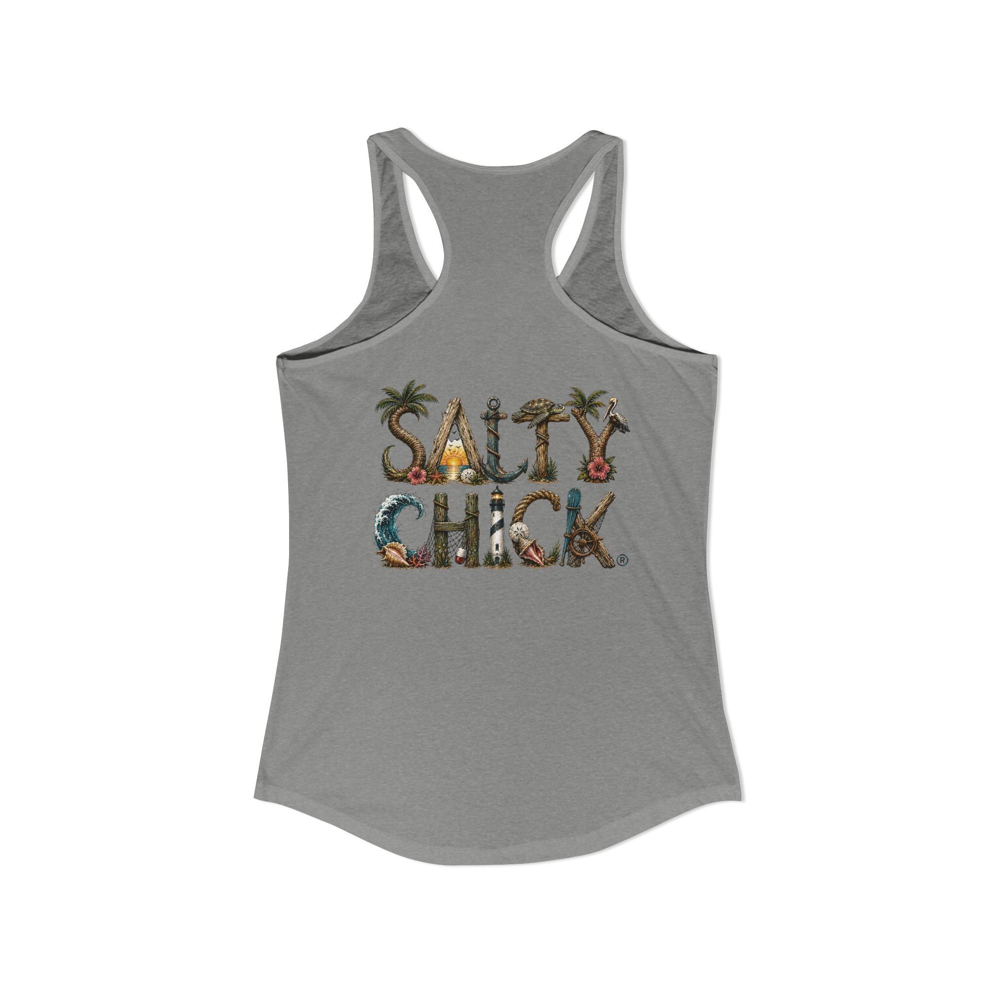 Performance Racerback Tank-Land Salty Chick lettering