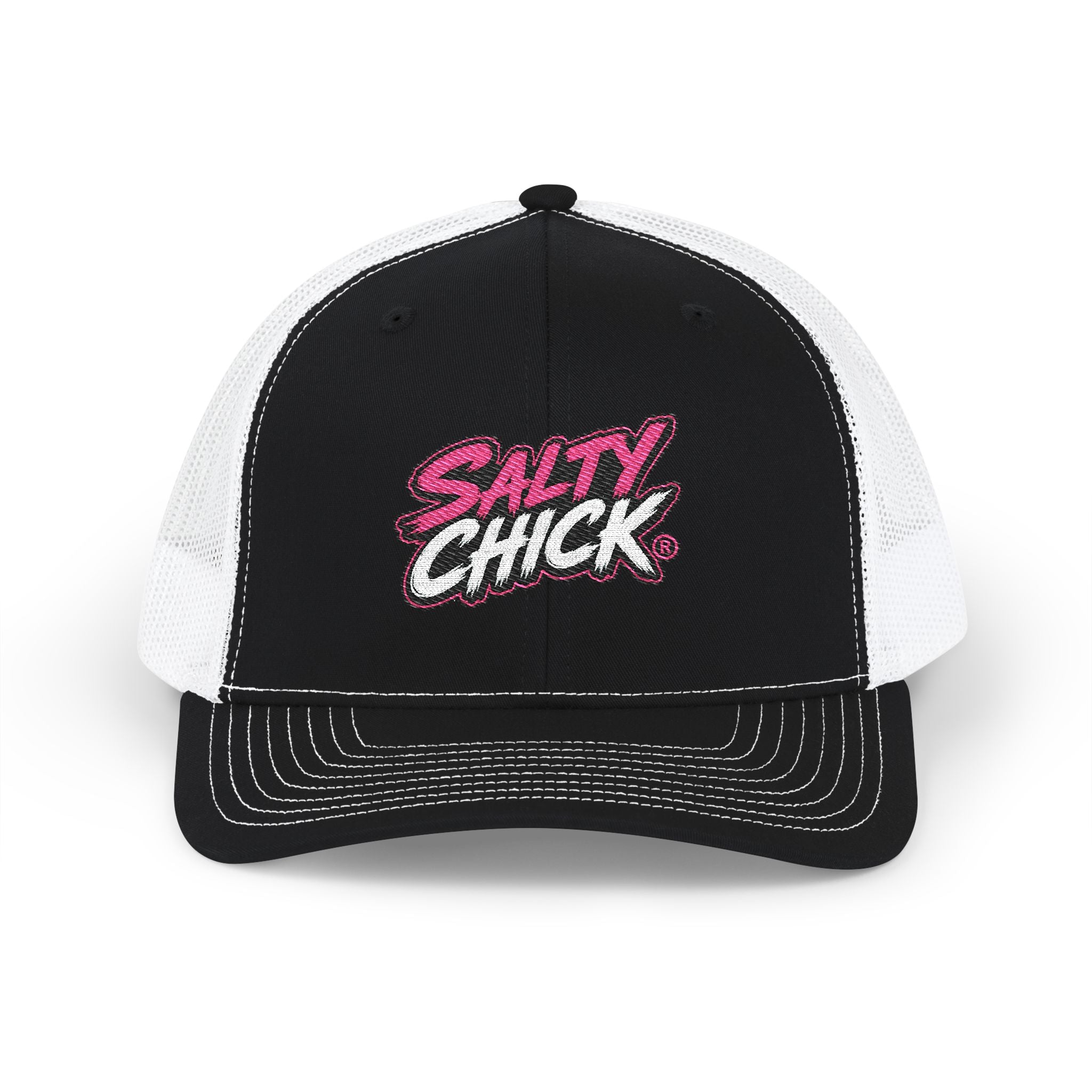 Embroidered Trucker Snapback Hat-Salty Chick lettering