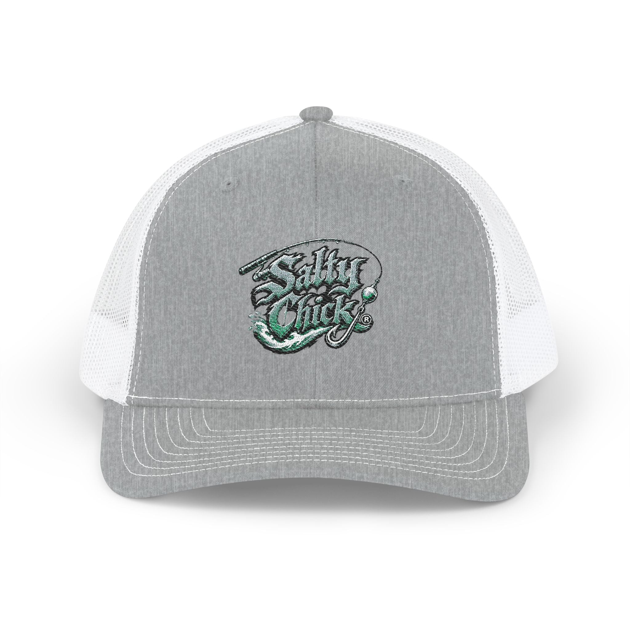 Trucker Snapback Hat-Salty Chick lettering with fishing rod