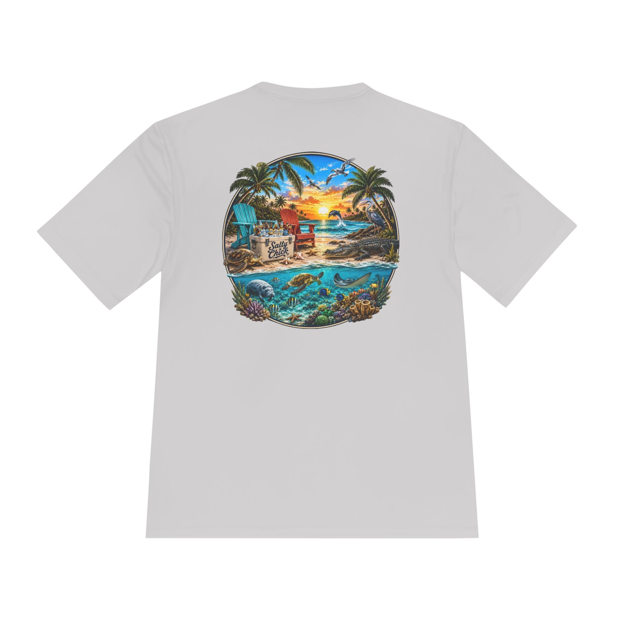 Unisex Moisture Wicking Tee- Beach scene with sea life