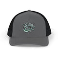 Trucker Snapback Hat-Salty Chick lettering with fishing rod