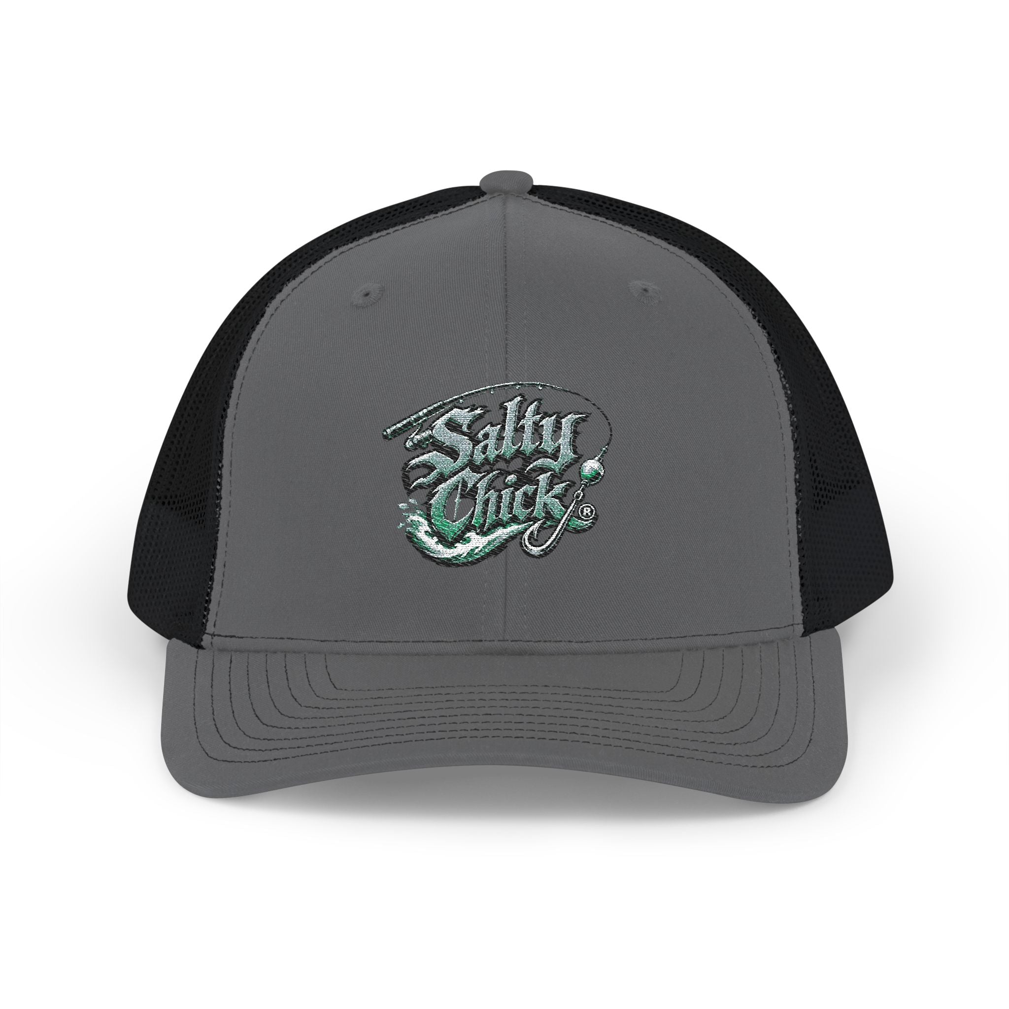 Trucker Snapback Hat-Salty Chick lettering with fishing rod