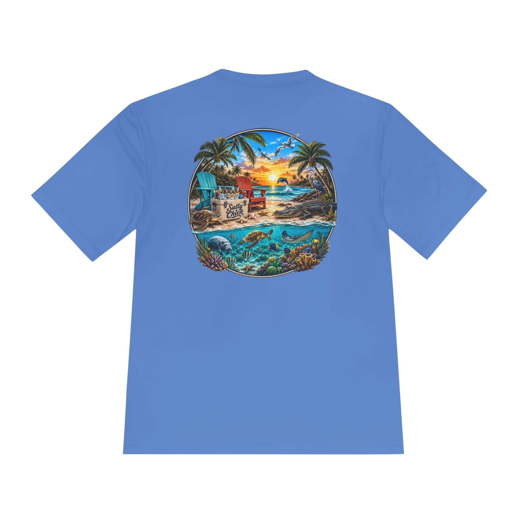 Unisex Moisture Wicking Tee- Beach scene with sea life