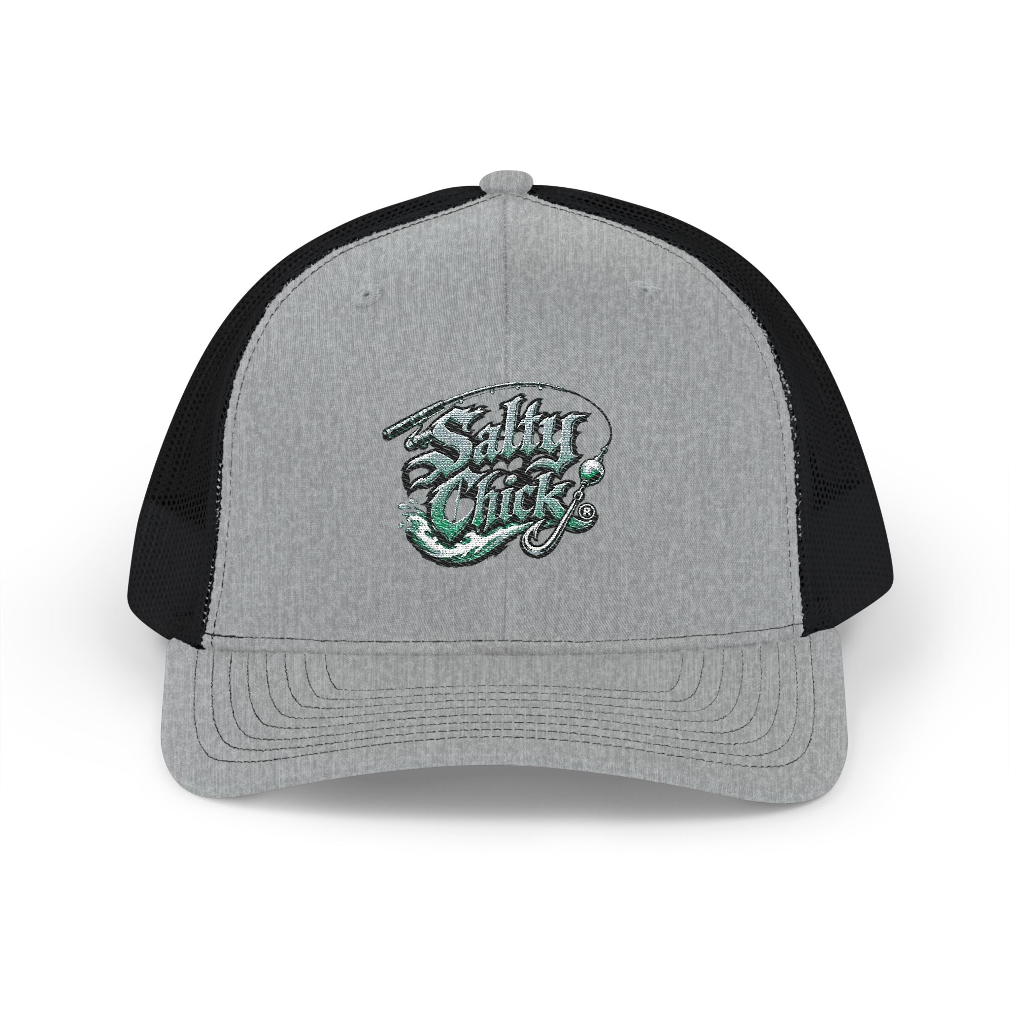 Trucker Snapback Hat-Salty Chick lettering with fishing rod