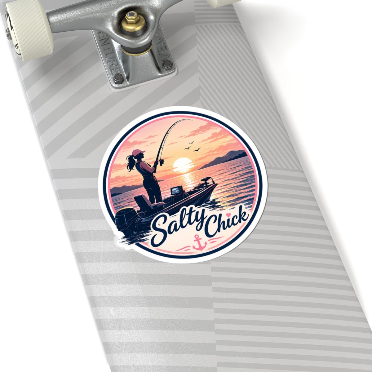 Female in boat fishing sticker
