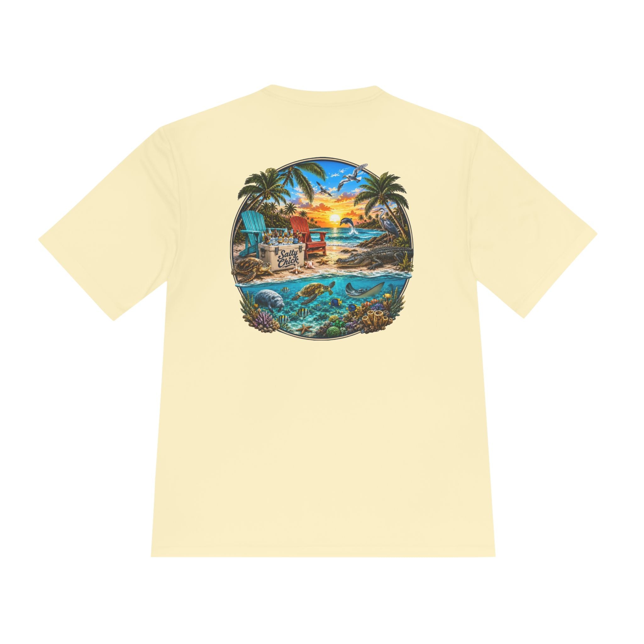 Unisex Moisture Wicking Tee- Beach scene with sea life
