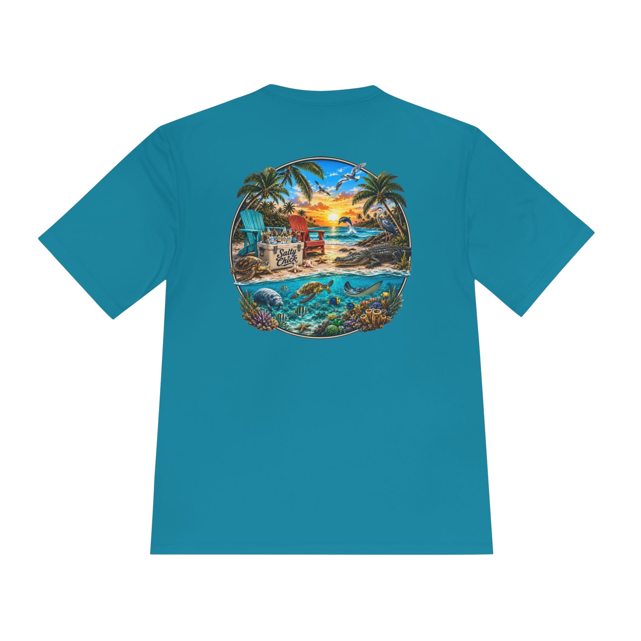 Unisex Moisture Wicking Tee- Beach scene with sea life