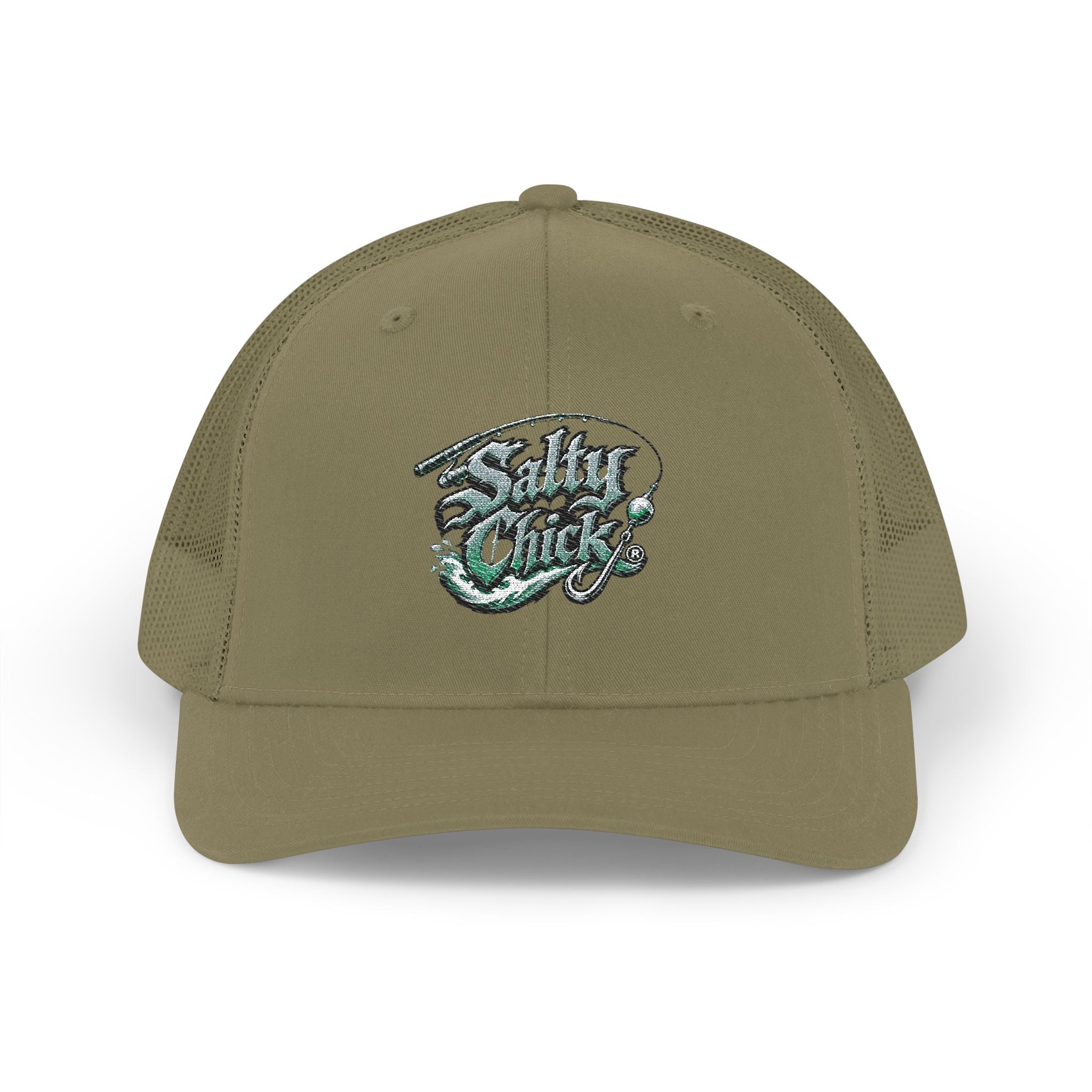 Trucker Snapback Hat-Salty Chick lettering with fishing rod