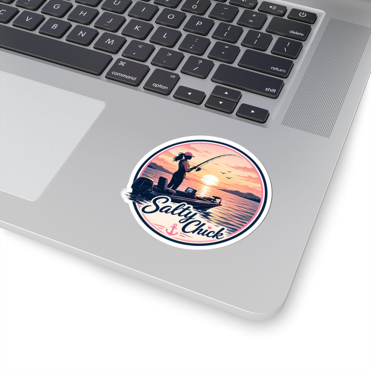 Female in boat fishing sticker