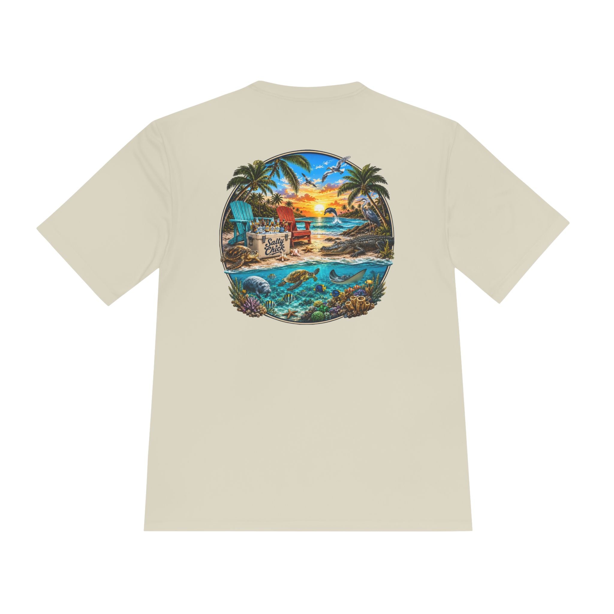 Unisex Moisture Wicking Tee- Beach scene with sea life