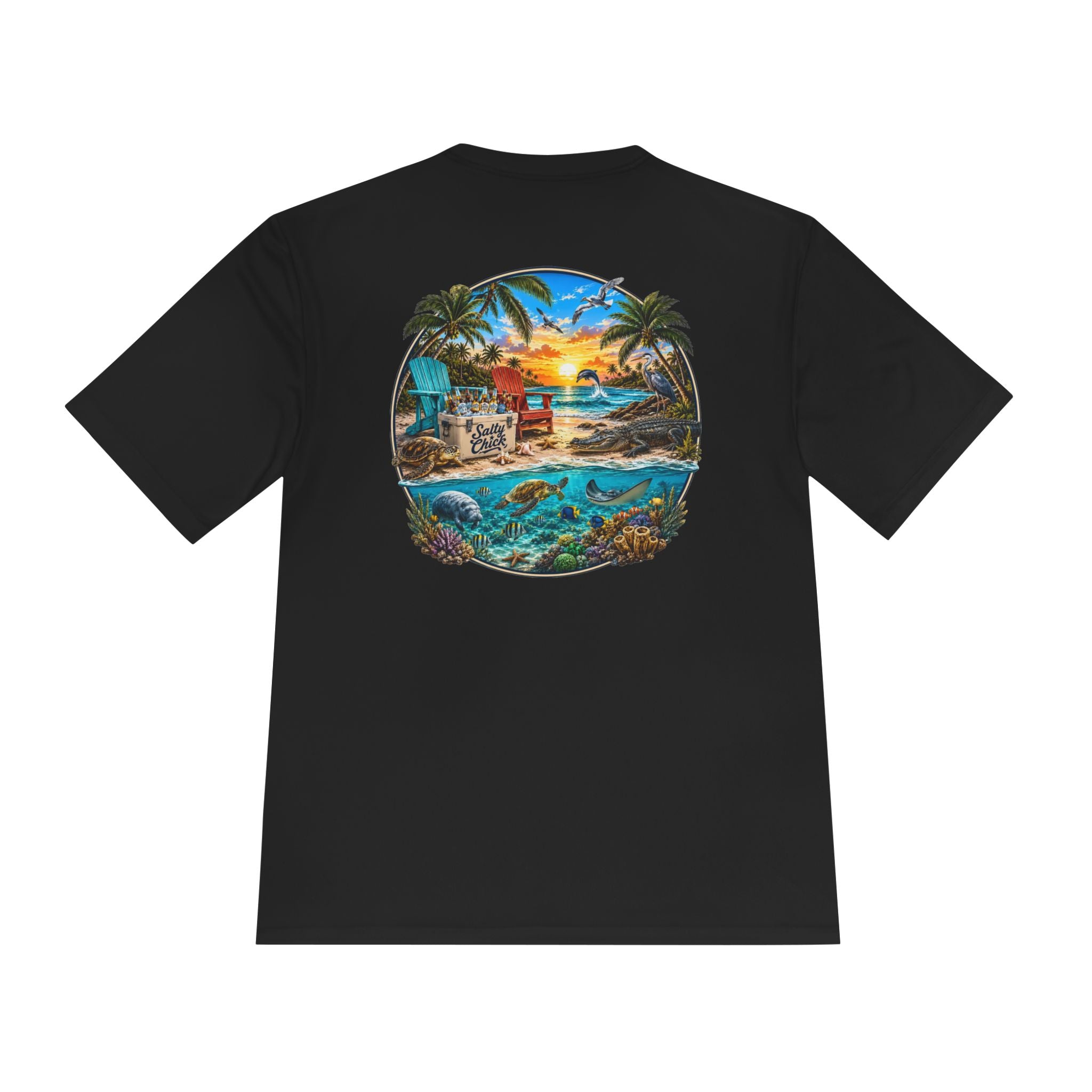 Unisex Moisture Wicking Tee- Beach scene with sea life