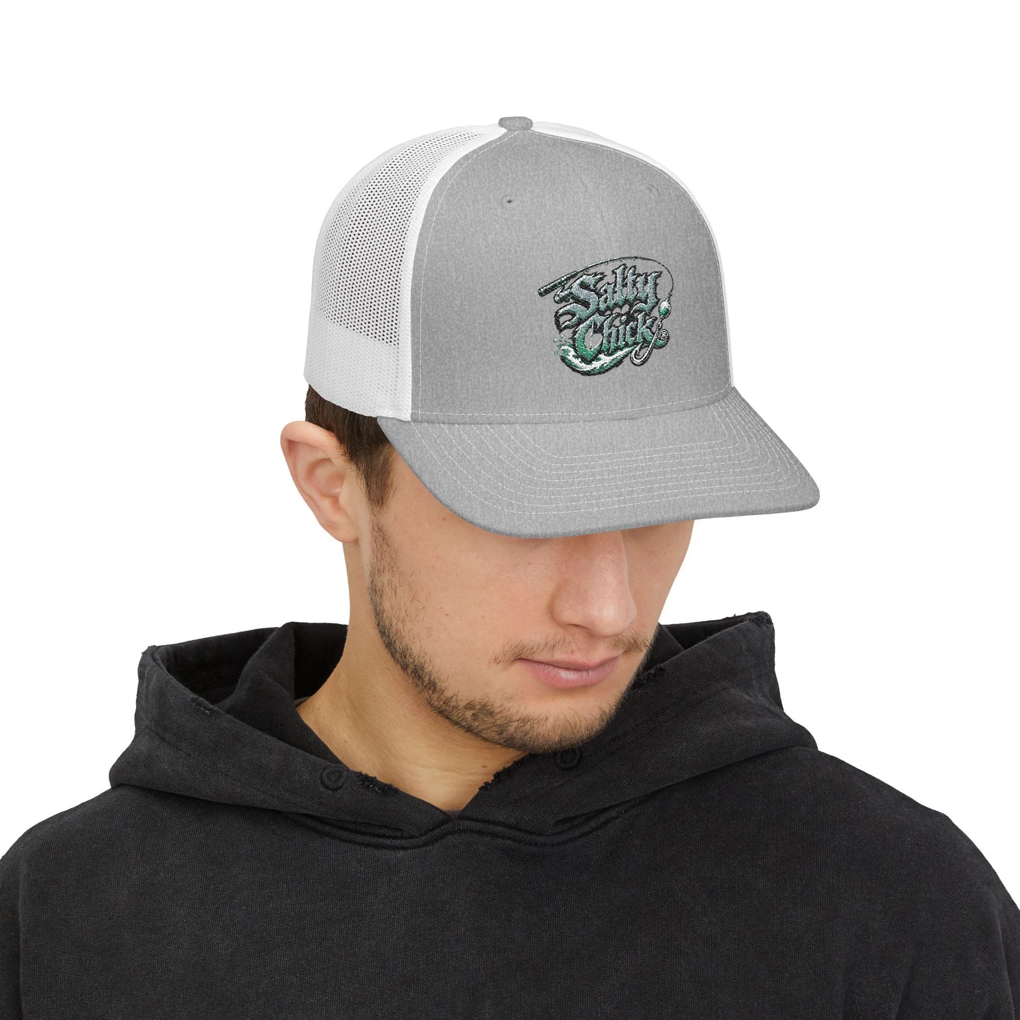 Trucker Snapback Hat-Salty Chick lettering with fishing rod