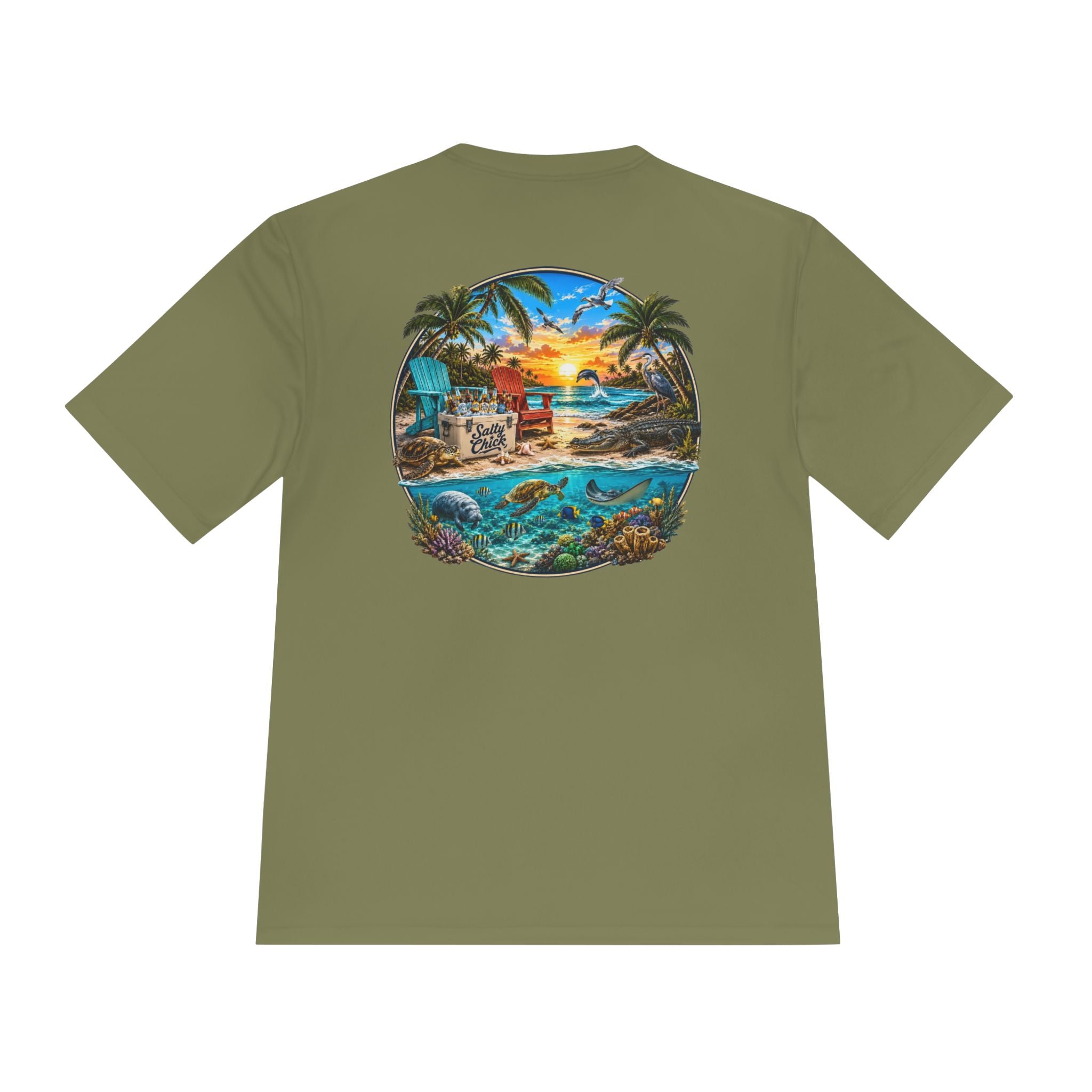 Unisex Moisture Wicking Tee- Beach scene with sea life