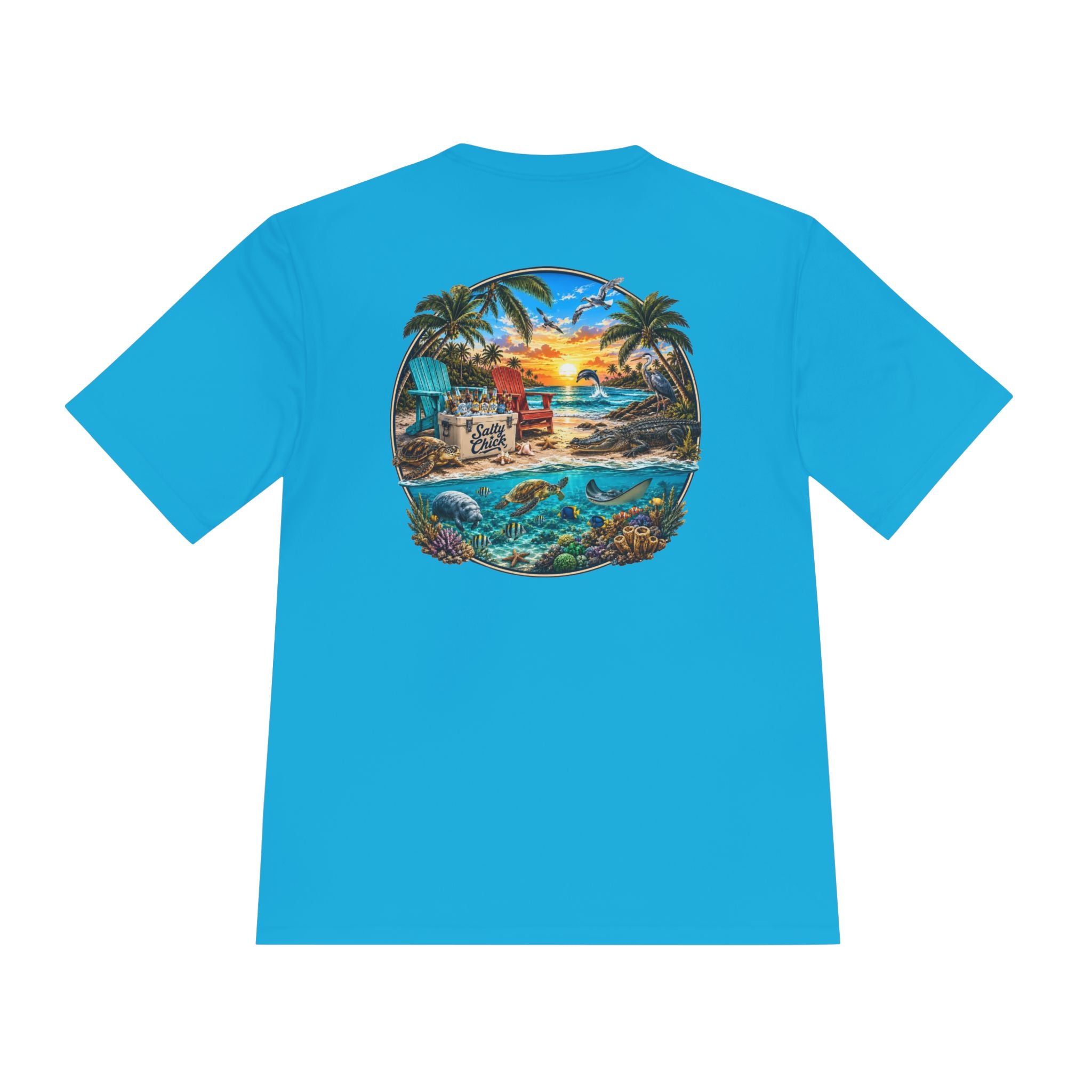 Unisex Moisture Wicking Tee- Beach scene with sea life