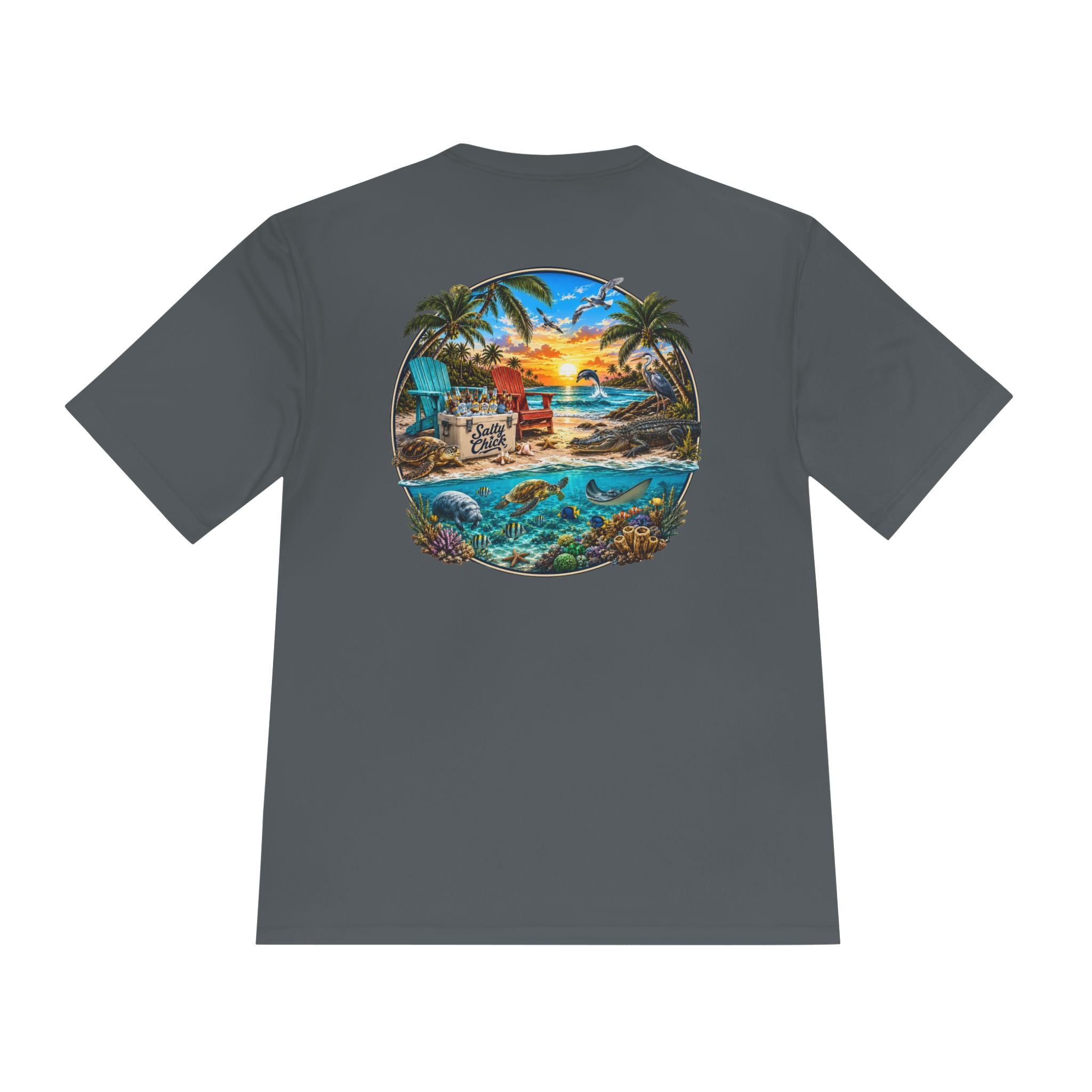 Unisex Moisture Wicking Tee- Beach scene with sea life