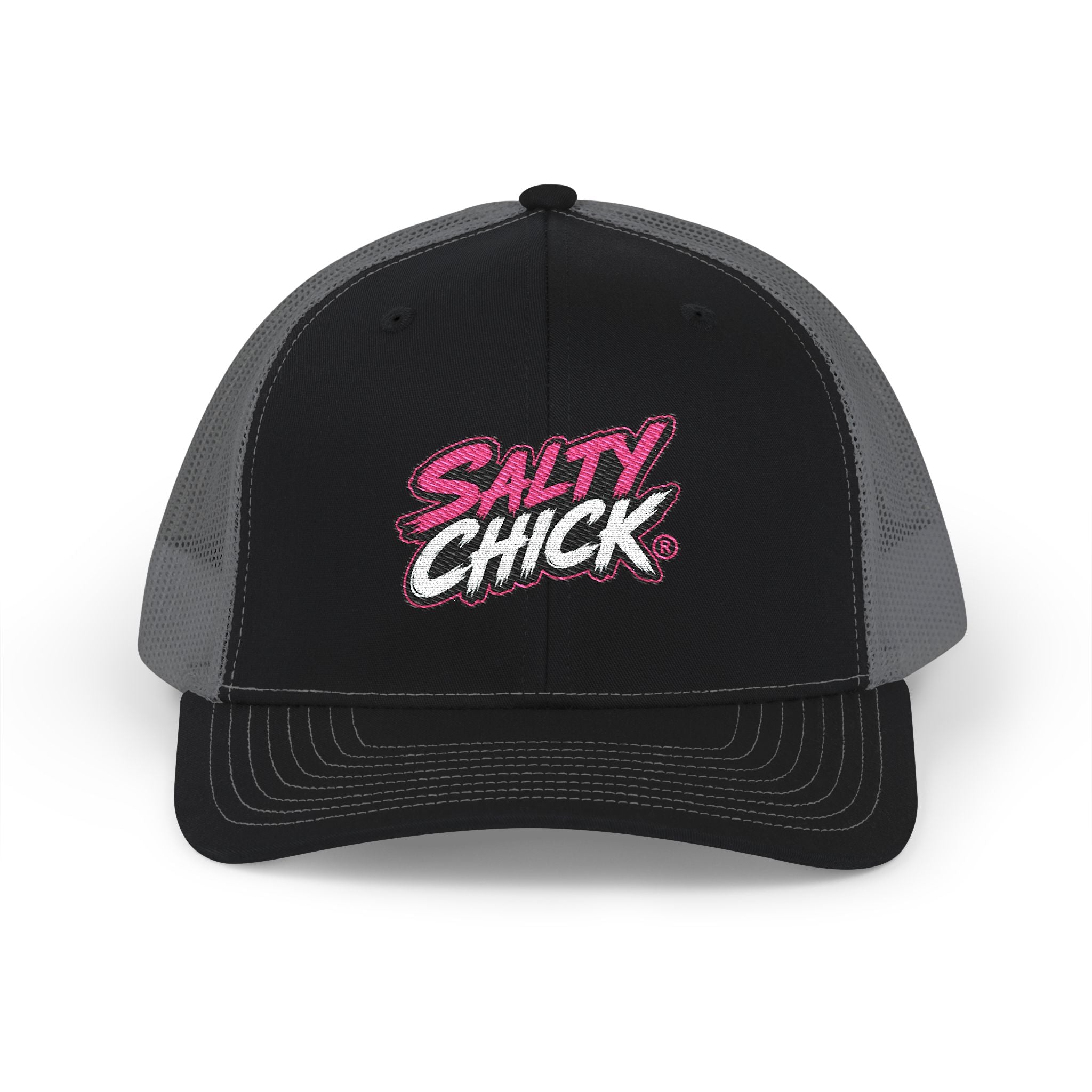 Embroidered Trucker Snapback Hat-Salty Chick lettering