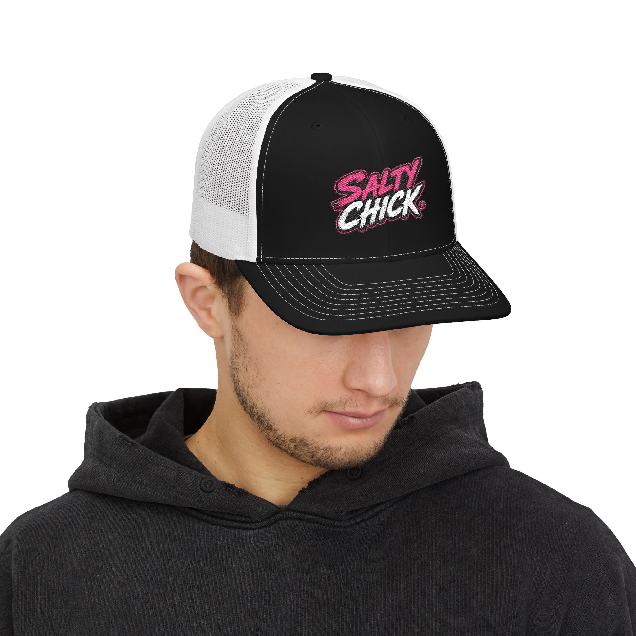 Embroidered Trucker Snapback Hat-Salty Chick lettering