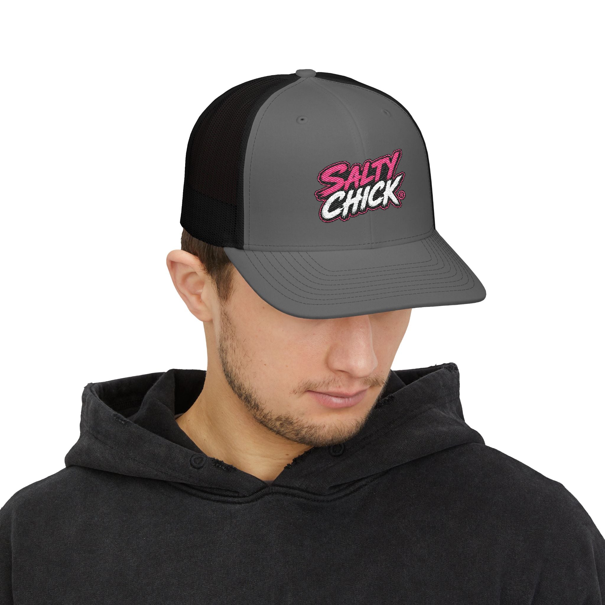 Embroidered Trucker Snapback Hat-Salty Chick lettering