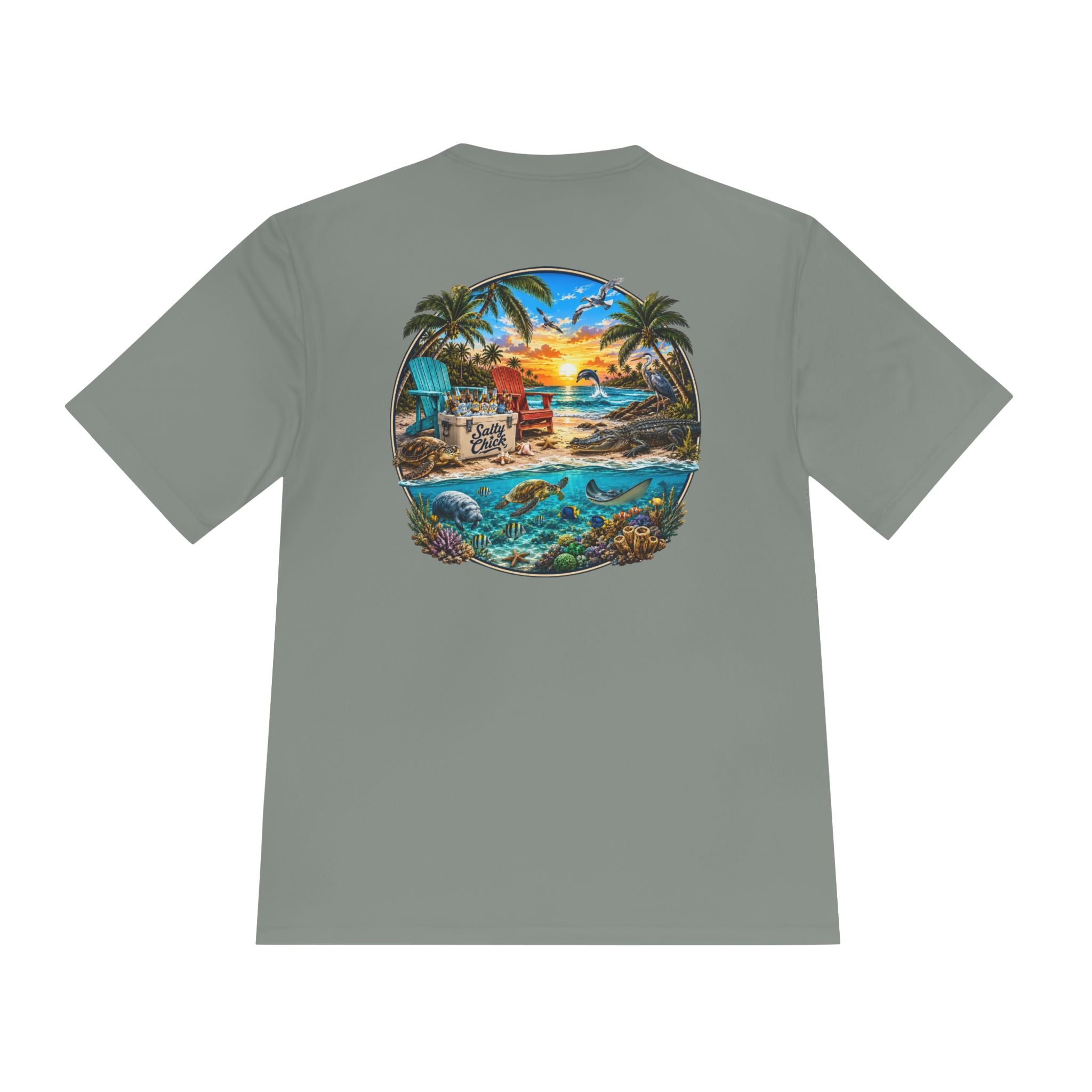 Unisex Moisture Wicking Tee- Beach scene with sea life