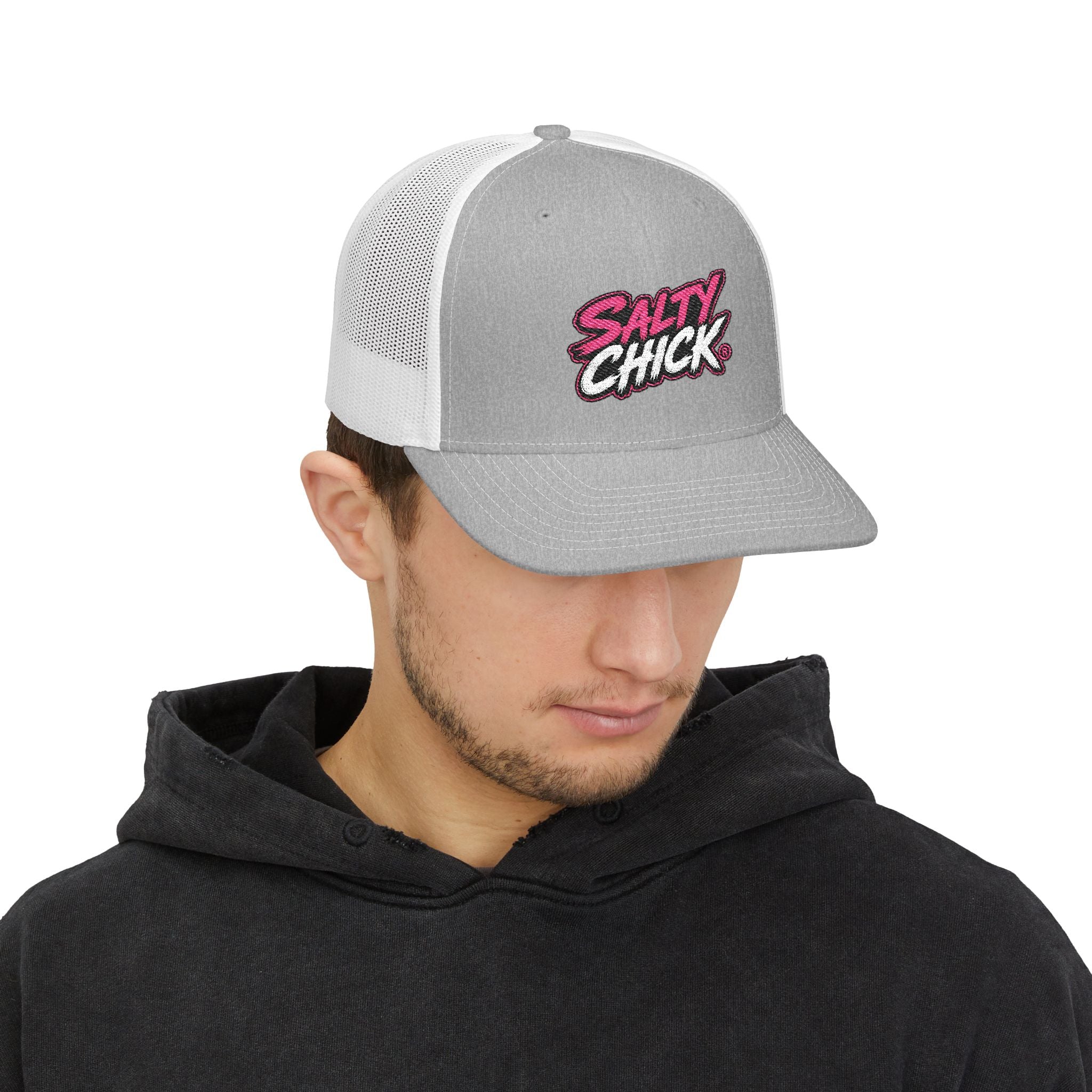 Embroidered Trucker Snapback Hat-Salty Chick lettering