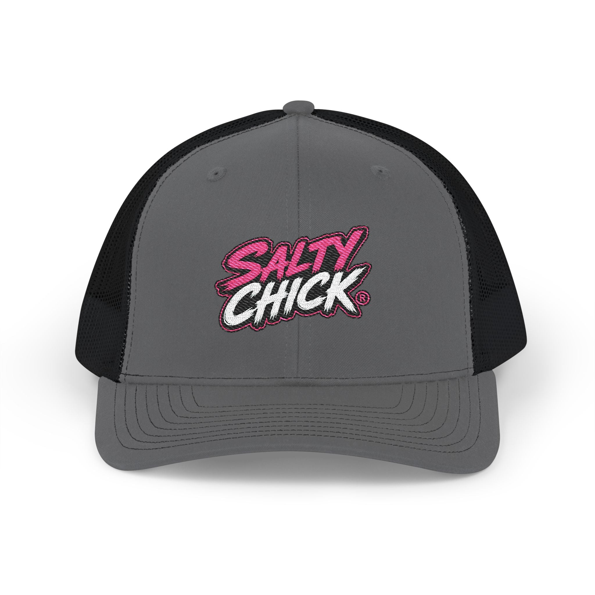 Embroidered Trucker Snapback Hat-Salty Chick lettering