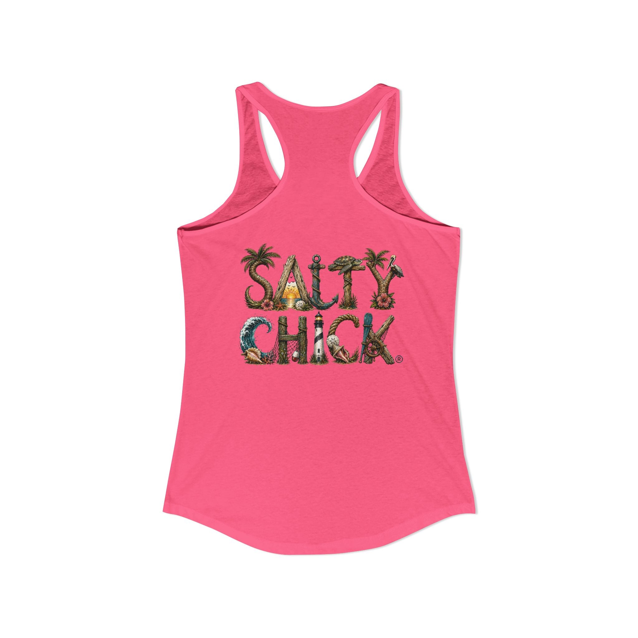 Performance Racerback Tank-Land Salty Chick lettering
