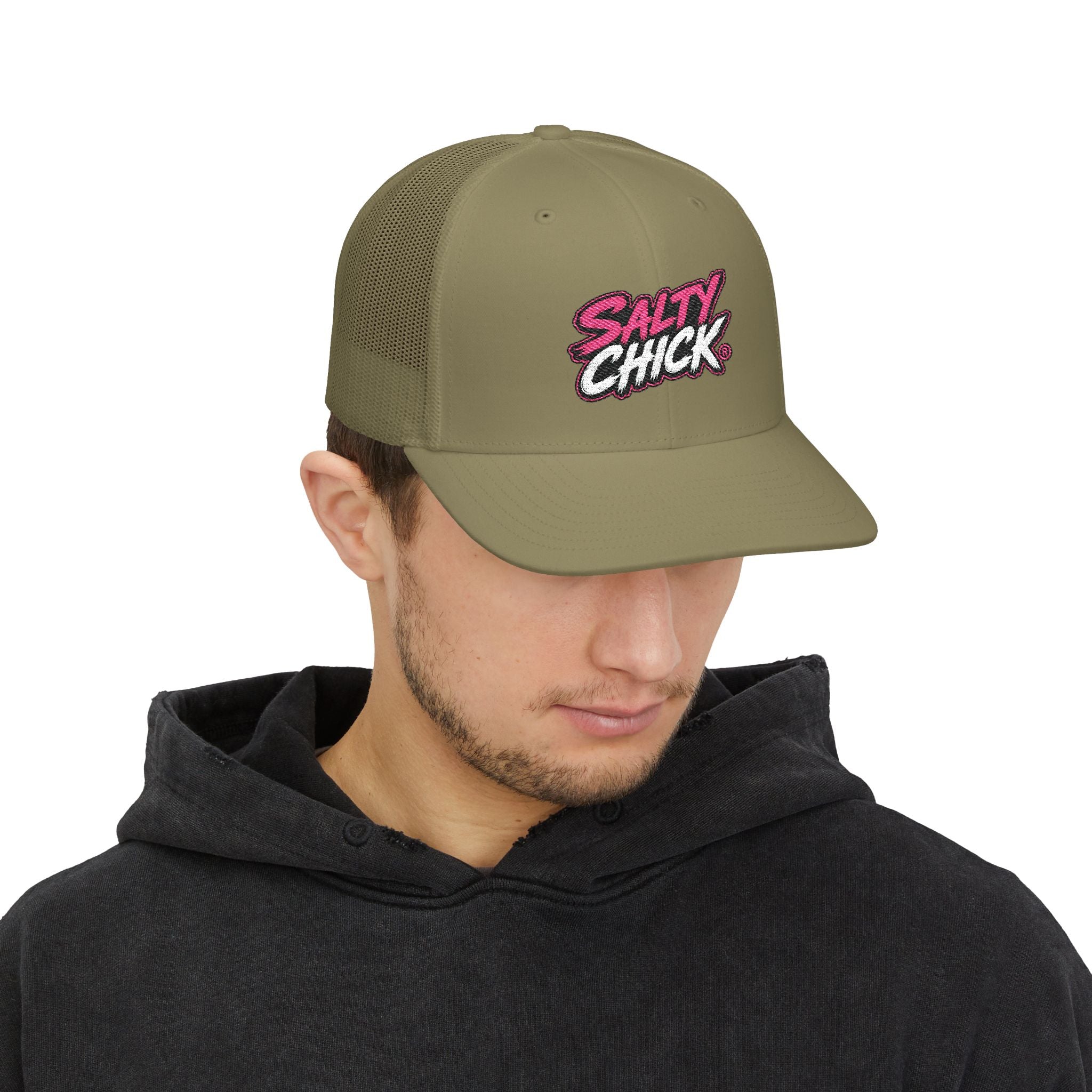 Embroidered Trucker Snapback Hat-Salty Chick lettering