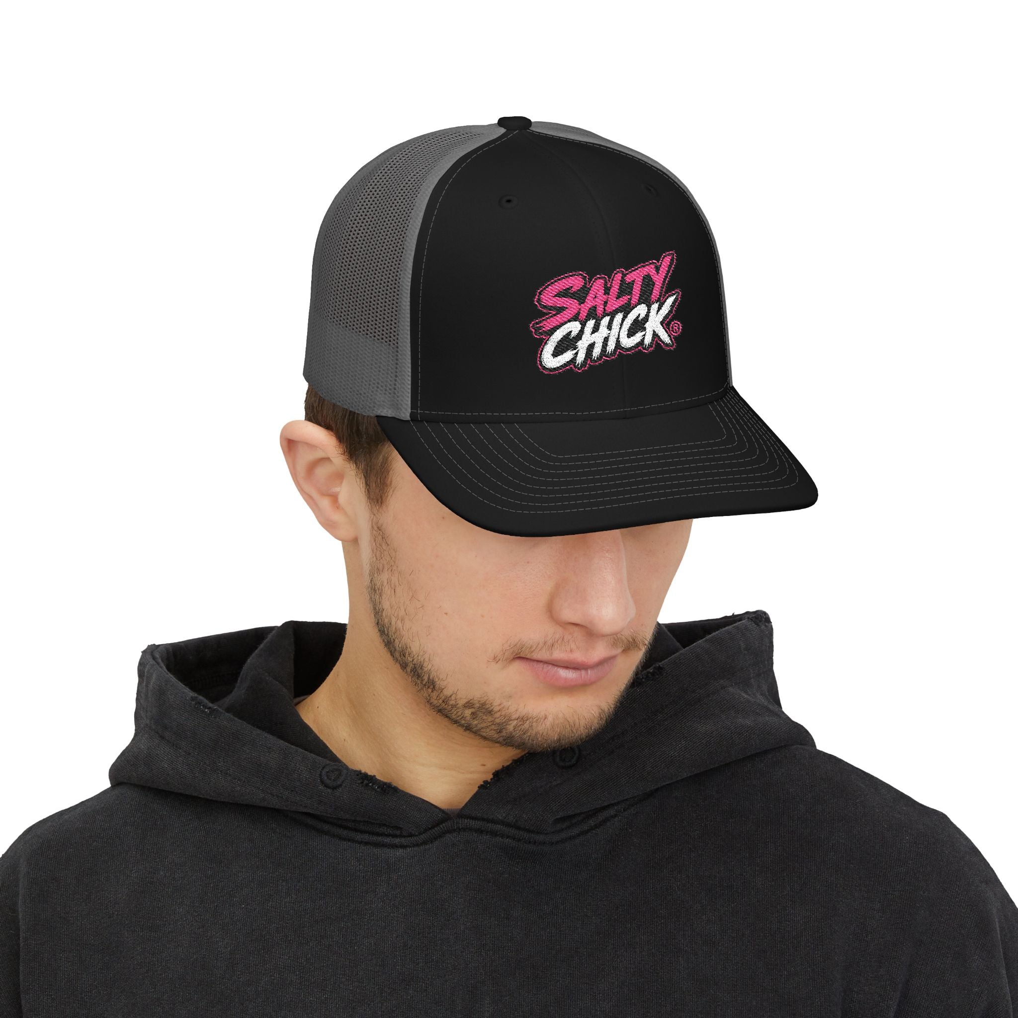 Embroidered Trucker Snapback Hat-Salty Chick lettering