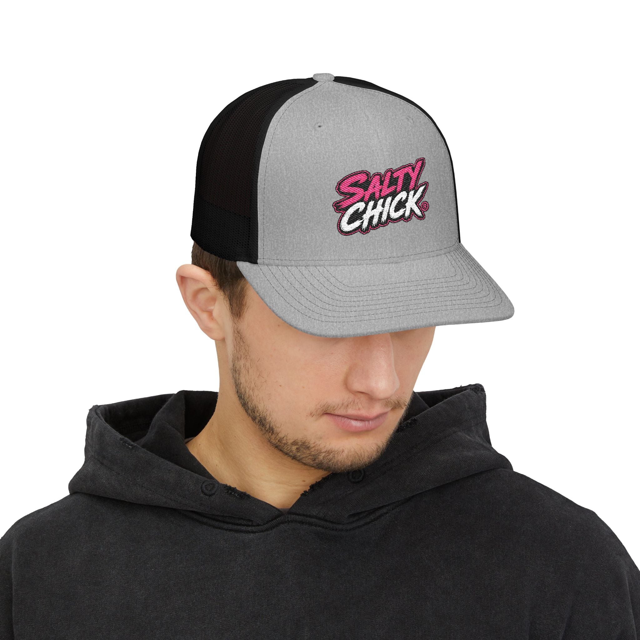 Embroidered Trucker Snapback Hat-Salty Chick lettering