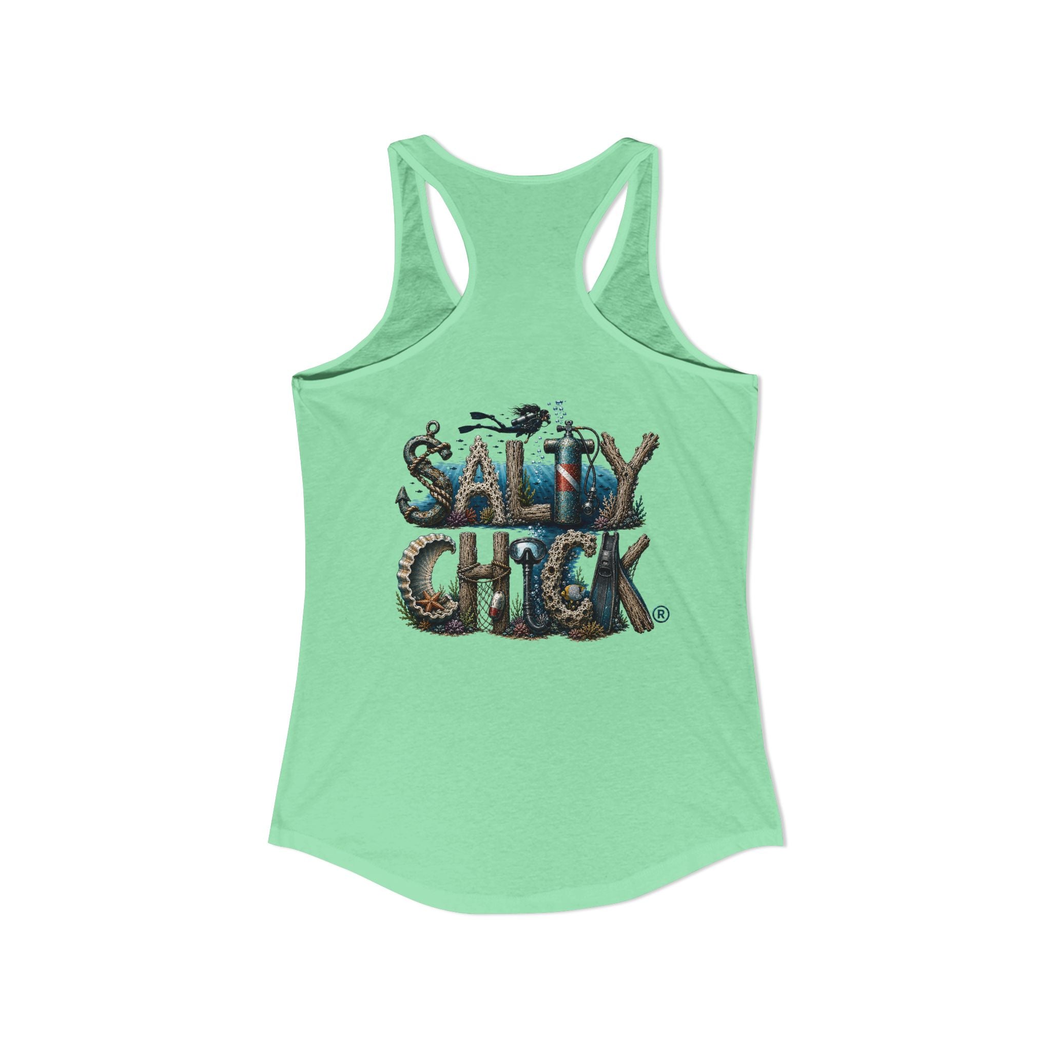 Performance Racerback Tank-Diver's Salty Chick lettering