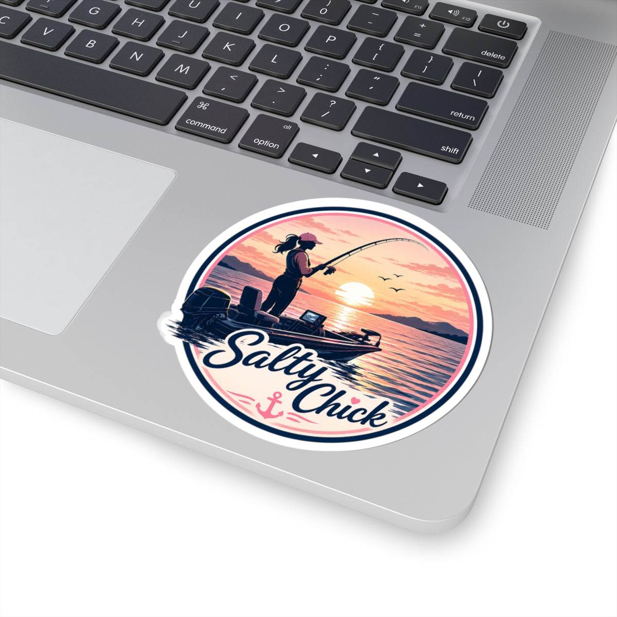 Female in boat fishing sticker