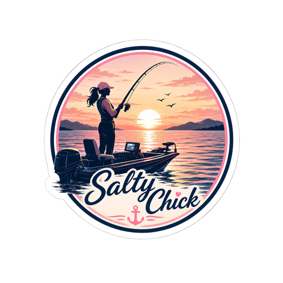 Female in boat fishing sticker